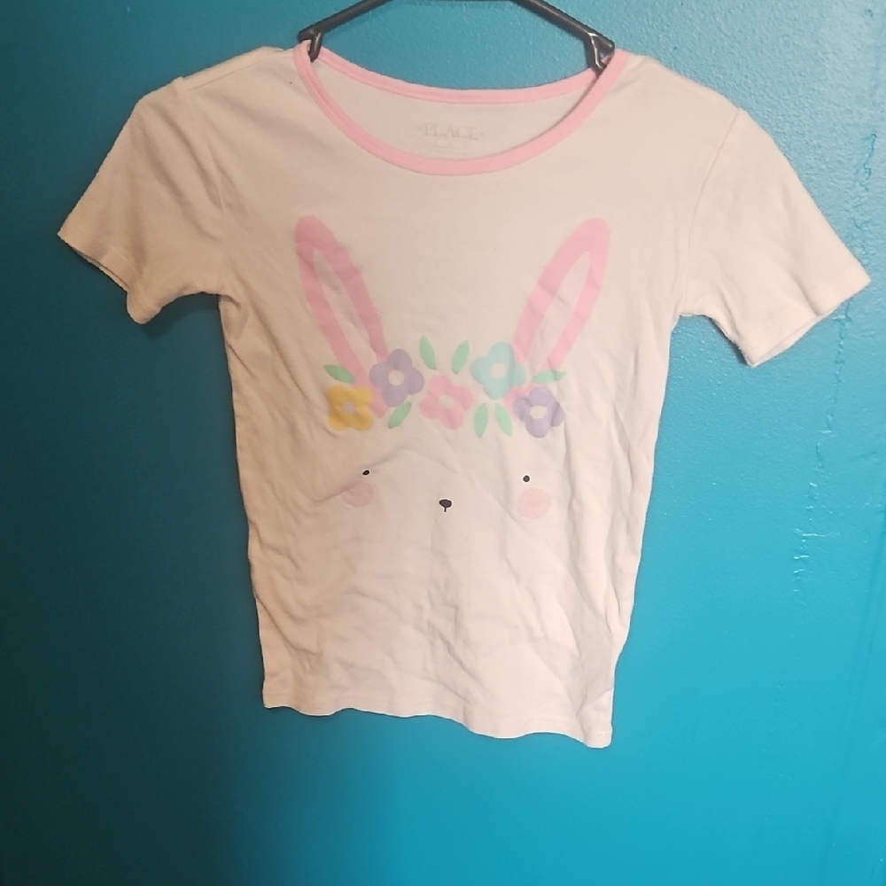 Place White Tee with Pastel Bunny and Pink Trim
